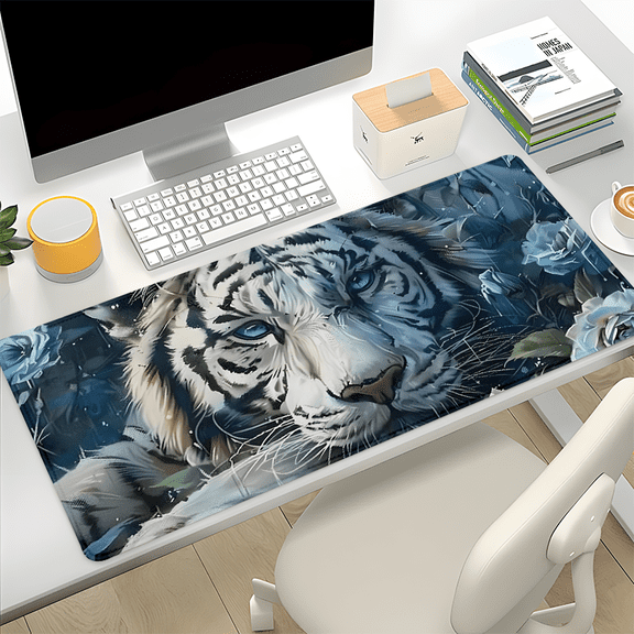 White Tiger Design Large Gaming Mouse Pad, 90x40cm Oversized Desk Mat, 3mm Thick Non-Slip Base with Stitched Edges, Waterproof Keyboard Mouse Pad for PC Gamer Office