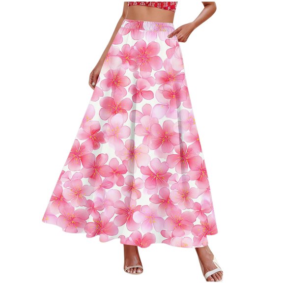 qolati Women's Floral Maxi Skirts Casual Elastic High Waist Ruffle Long Skirts Vintage Boho A Line Pleated Flowy Beach Ladies Skirts Pink M