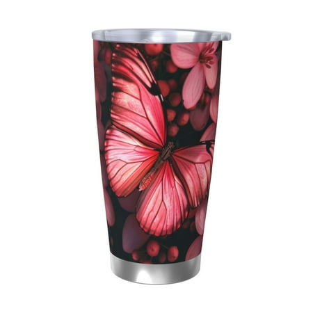 

Qekee pink butterfly Print 20OZ Car Cup Stainless Steel Vacuum Insulated Tumbler Tumbler Cup With Lid And Straw Travel Coffee Mug-Without Straw