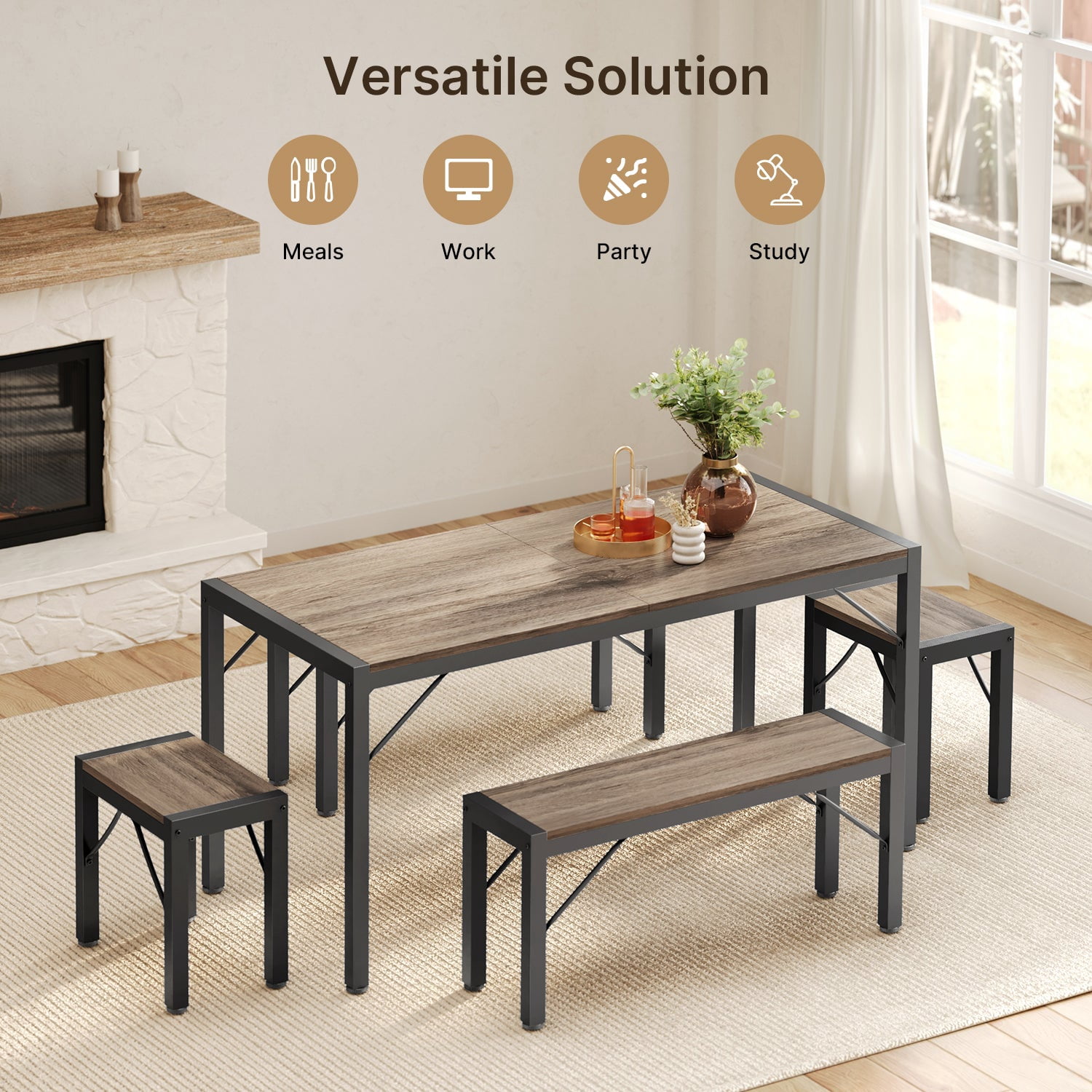 Aiho Dining Table Set for 6 Person, 63" Kitchen Table with 2 Benches & 2 Stools, Space Saver Dining Set for Kitchen, Dining Room, Living Room, Gray