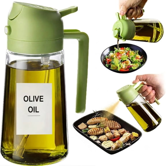 16oz/470ml Glass Olive Oil Sprayer for Cooking – 2 in 1 Olive Oil Dispenser Bottle for Kitchen Gadgets and Air Fryer Accessories, Salad, Bbq - Green