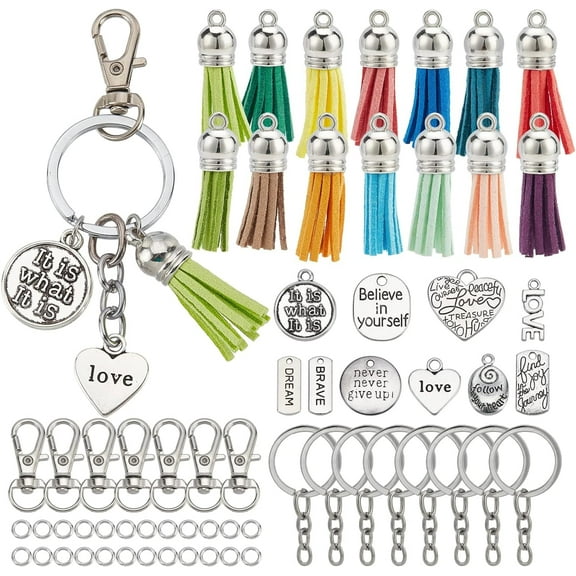 180Pcs DIY 20 Sets Keychain Tassels Bulk Inspirational Charms Key Chain Making Kit Faux Suede Tassel Inspiration Charms