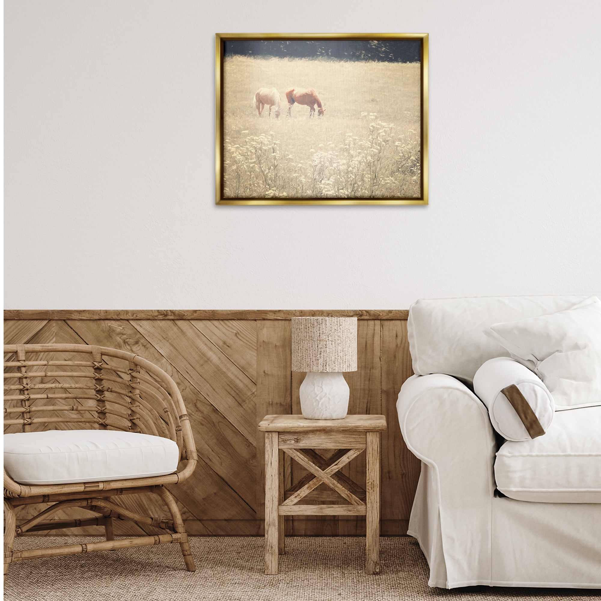 Stupell Industries Pair of Horses Grazing Landscape & Nature Photography Gold Floater Framed Canvas Art Print Wall Art, 31 x 25