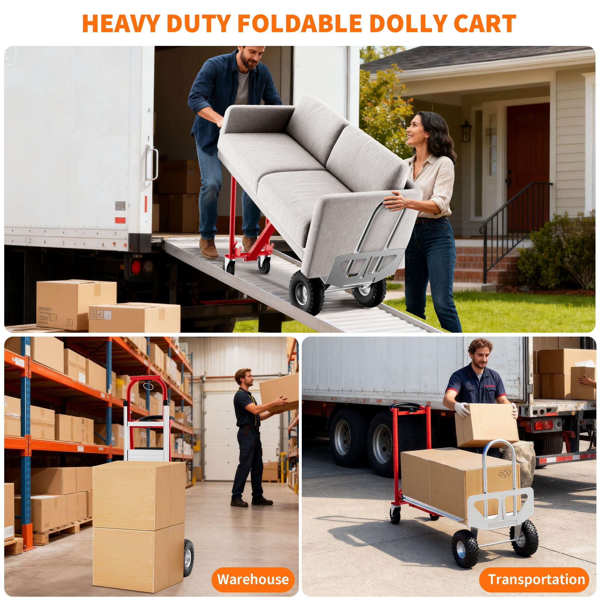 Mescukay 3 in 1 Folding Hand Truck, Heavy Duty Convertible Dolly with Wheels and Elastic Straps, Portable Collapsible Cart for Moving Home, Office, Warehouse, Supermarket