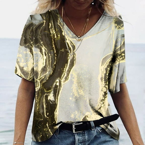Wycnly Womens Blouses and Tops Dressy Lightweight Comfy Loose Fit Ladies Fashion Tshirts Summer Marbled Print V-Neck Short Sleeve Cute Tees Tops Khaki XL