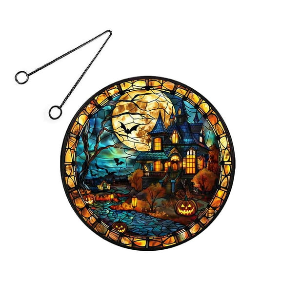 SDJMa 11" Halloween Acrylic Stained Glass Window Hanging Decor Pumpkin with Castle Acrylic Suncatcher Window Panel Glow in the Dark Hanging Sign Ornaments for Front Door Wall Home Party Bar Cafe