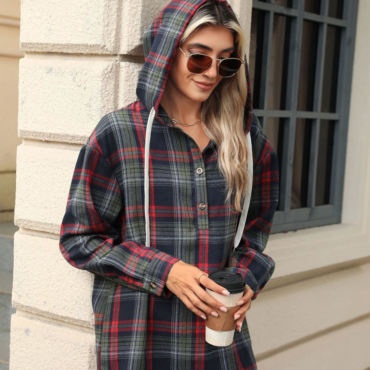 Women's Plaid Drawstring Hoodie Long Sleeve Shirt Button Front Casual – LM LIFE PRODUCTS