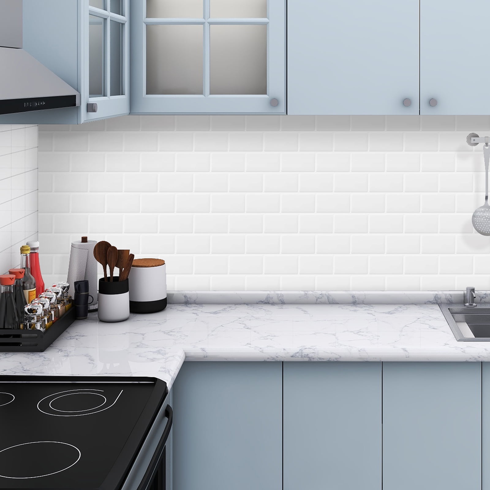 DEWOO Peel and Stick Backsplash - 10 Sheets of 12"×12" - 3D Adhesive Peel and Stick Tile Backsplash for Kitchen, Bathroom, Wall Tile, White