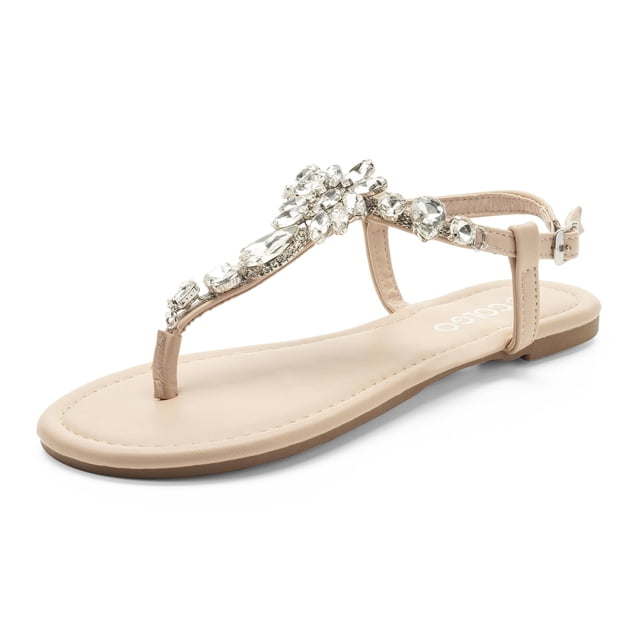 Sandalias Colgo para mujer con correa en T, planas, elegantes, con strass nude