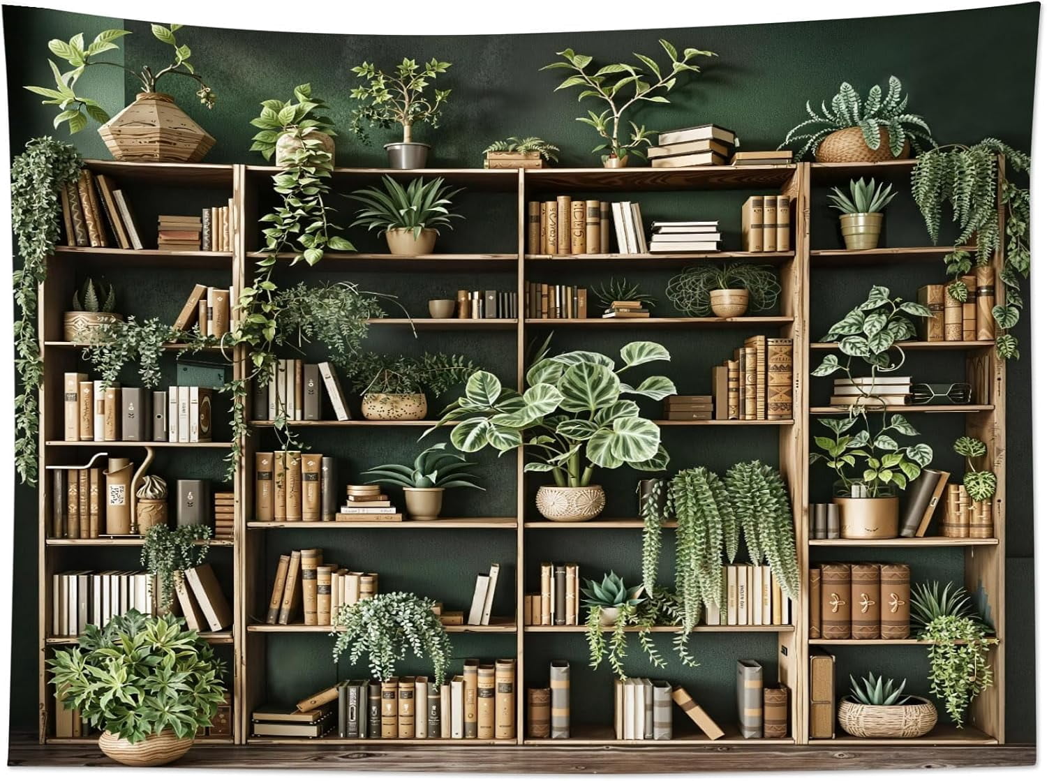 Bookshelf Tapestry Pink Floral Green Watercolor Plant Botanical Aesthetic Tapestry Wall Hanging Vintage Library Book Wall Decor for Bedroom Living Room Dorm Office