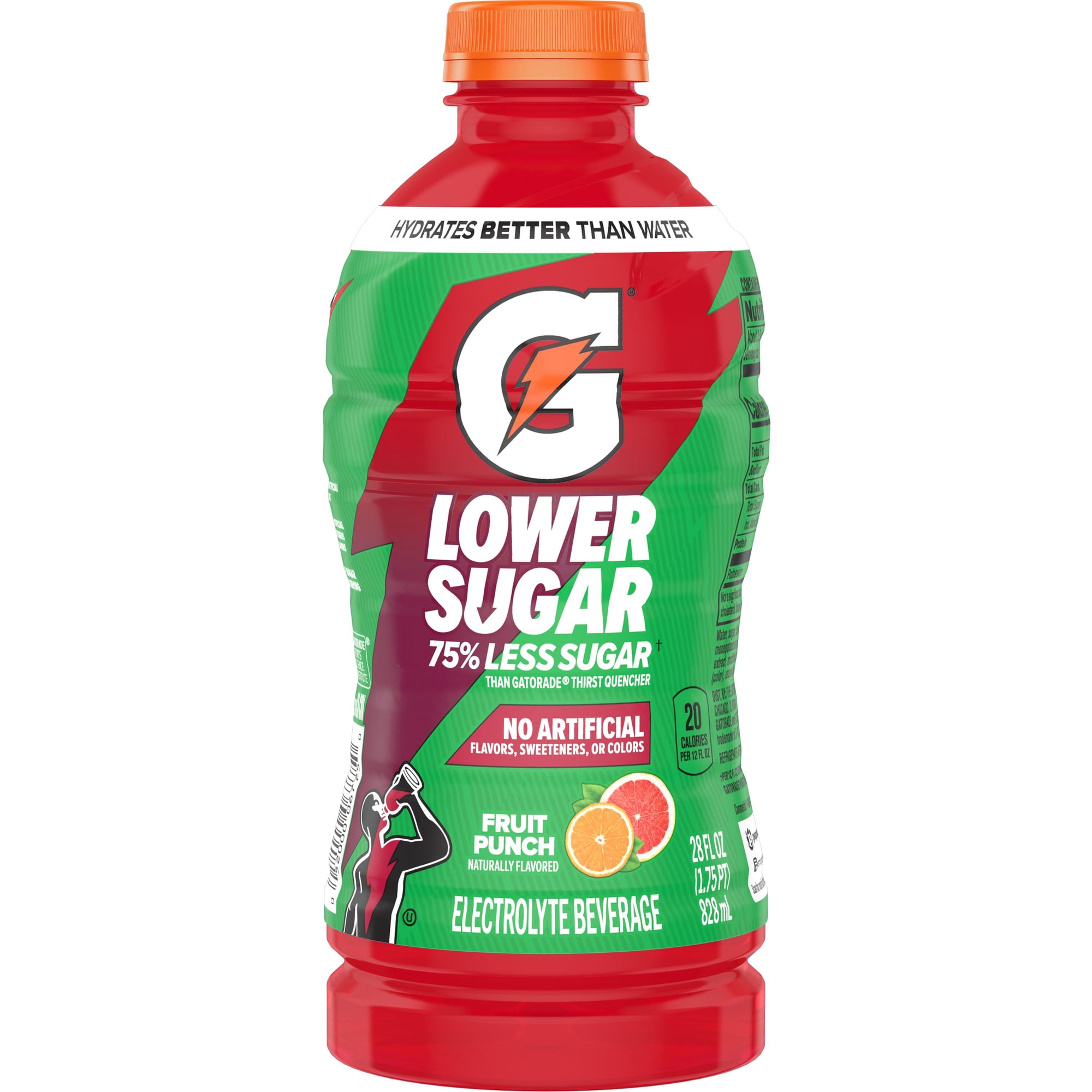 Gatorade Lower Sugar, No Artificials Fruit Punch Flavored Electrolyte Sports Drink, 28 fl oz, 75% Less Sugar, Hydration