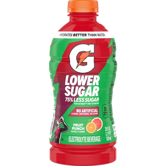 Gatorade Lower Sugar, No Artificials Fruit Punch Flavored Electrolyte Sports Drink, 28 fl oz, 75% Less Sugar, Hydration