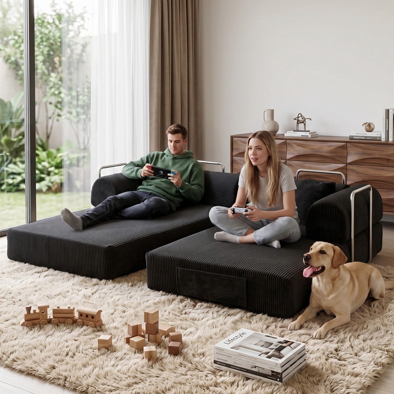 Anpport 78.8" Compression Boneless Sectional Sofa, Convertible Floor Sleeper Bed with Pillow Back Armrest, Corduroy Fabric, Black, for Living Room Bedroom