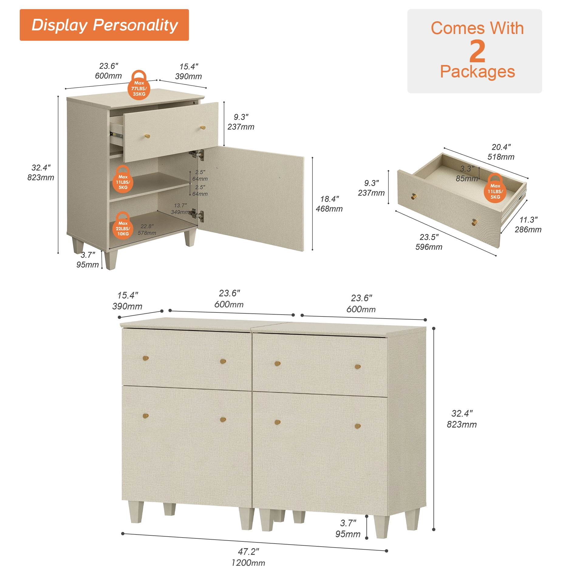 Set of 2 Sideboards with Drawer and Door for Living Room Kitchen, Beige Side Organizer Floor Cabinet with Adjustable Shelf, 32.4" H, 2 Packs