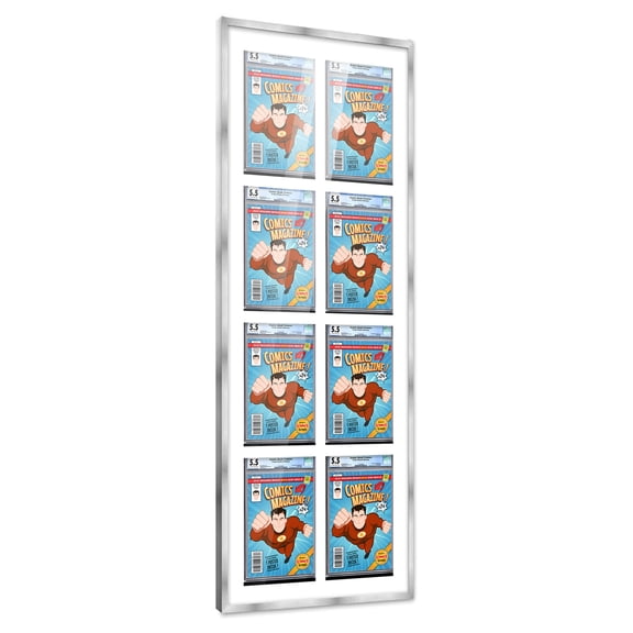 Comic Book Frame with Mat for 8 Graded Comics - Silver Wood Comic Frame With White Mat for 8.125x13