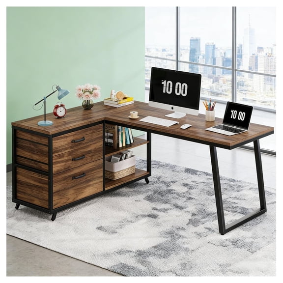 L-Shaped Computer Desk with Drawers & Shelves, 53'' Corner Desk with Storage, Reversible Office Desk with Adjustable Leg Pads, Rustic Brown