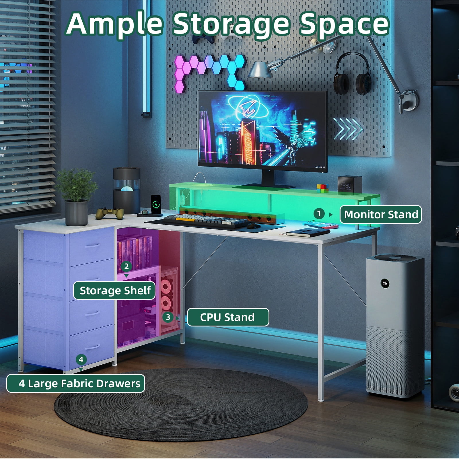 Eunos 61 inch L Shaped Gaming Desk with Power Outlets & LED Light, Computer Desk with 4 Tiers Drawers for Home Office, White
