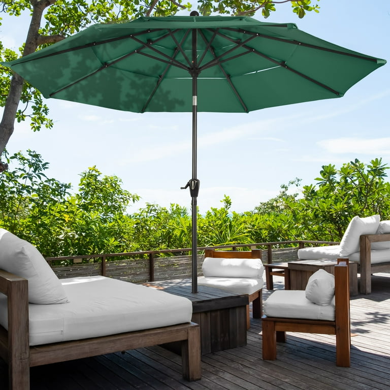 hunter green patio umbrella SAFAVIEH Ronette Fringe 9 ft Crank Outdoor inch diameter 10 ft Patio Umbrella 3-Tiered