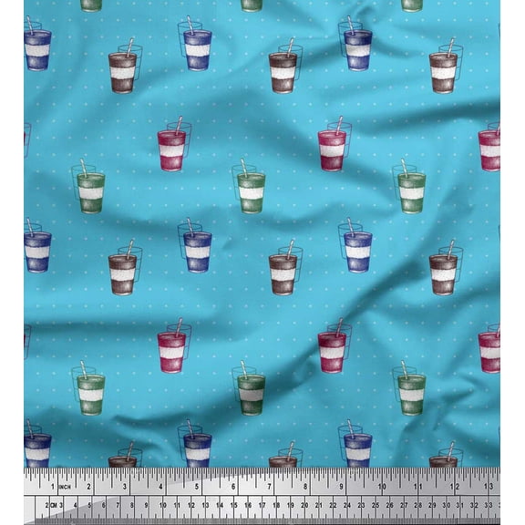 Soimoi Blue polyester Crepe Fabric Coffee Glass & Dots Printed Fabric 1 Yard 42 Inch Wide