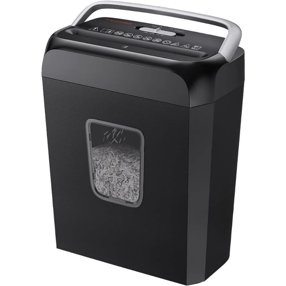 Home office paper shredder: 6-sheet cross-cut, shreds paper/credit cards/mail/staples/clips, 3.4-gallon clear bin with handle