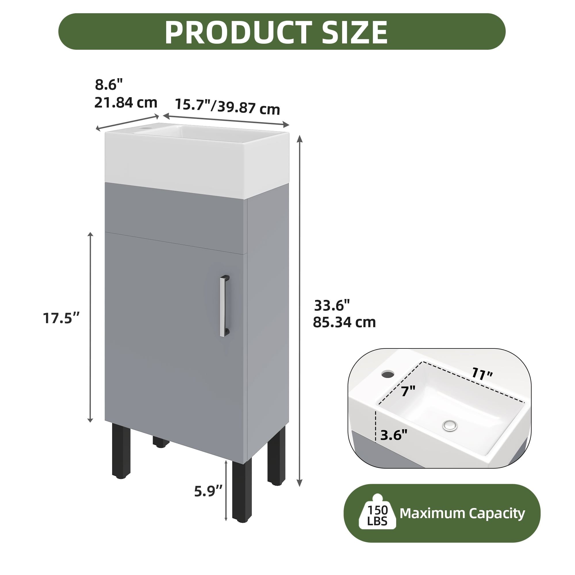 Uforic 16" Bathroom Vanity with Top Sink, Modern Free Standing Small Bathroom Storage Cabinet with Soft Close Door, Gray