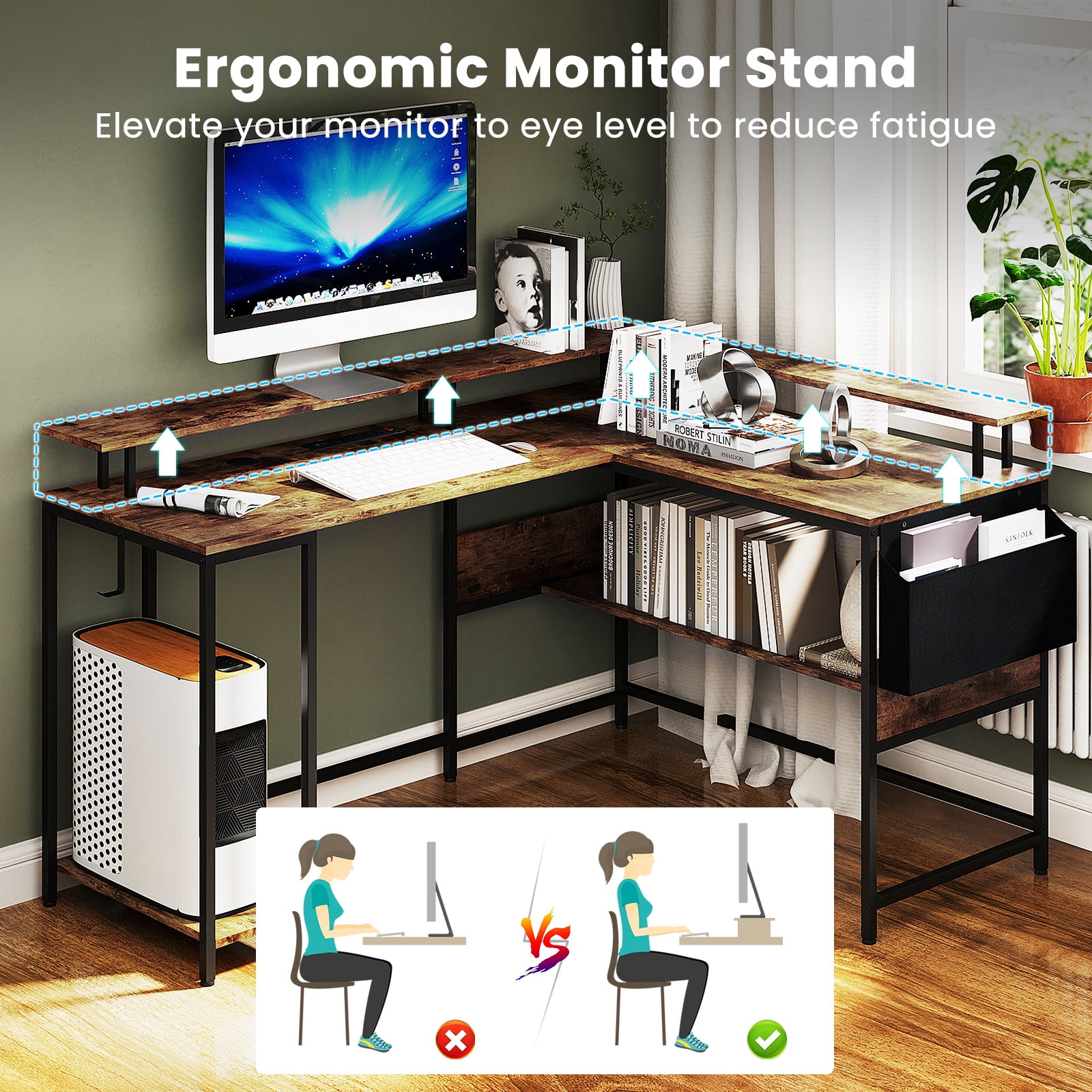 Gymax L-Shaped Gaming Desk w/ LED Lights & Power Outlets Monitor Stand Fabric Bag