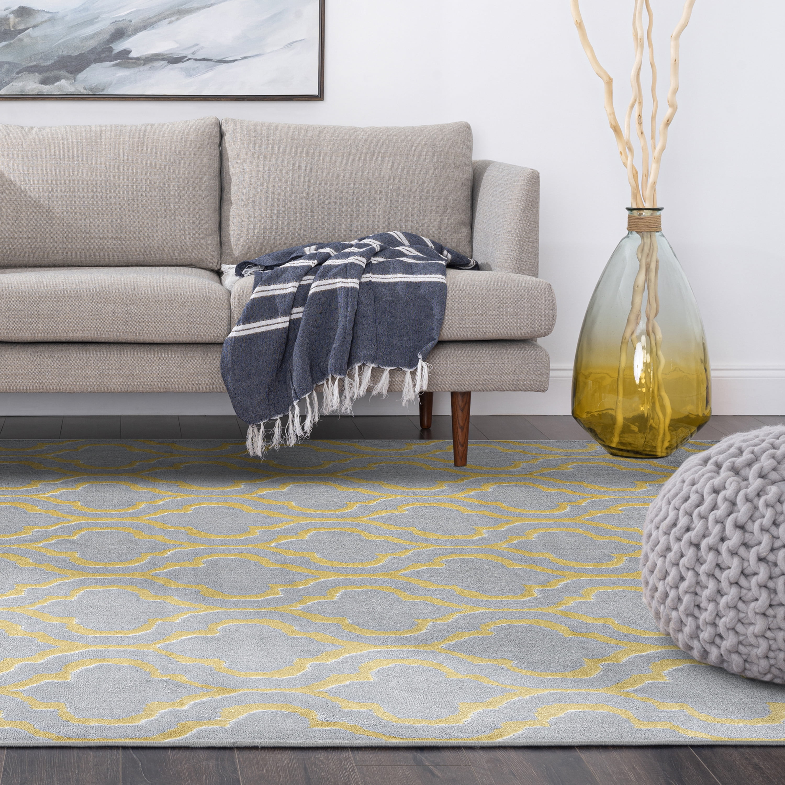 Transitional 5x8 Area Rug (5'3'' x 7'3'') Geometric Yellow, Gray Living Room Easy to Clean