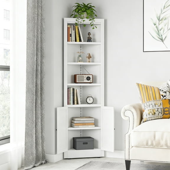 71" Tall Freestanding Space-SavingMetal Corner Storage Cabinet with 2 Doors 5 Adjustable Shelves for Kitchen, Bathroom, Living Room, Pantry, Laundry Room, White