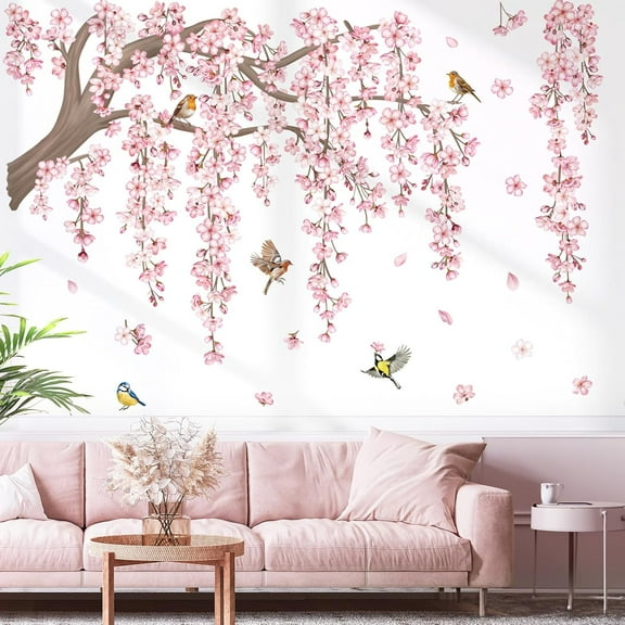 Large Pink Flower Tree Branch Wall Decals Cherry Blossom Tree Floral Birds Wall Stickers Peel and Stick Wall Art Decals Living Room Bedroom Tv Background Wall Decor