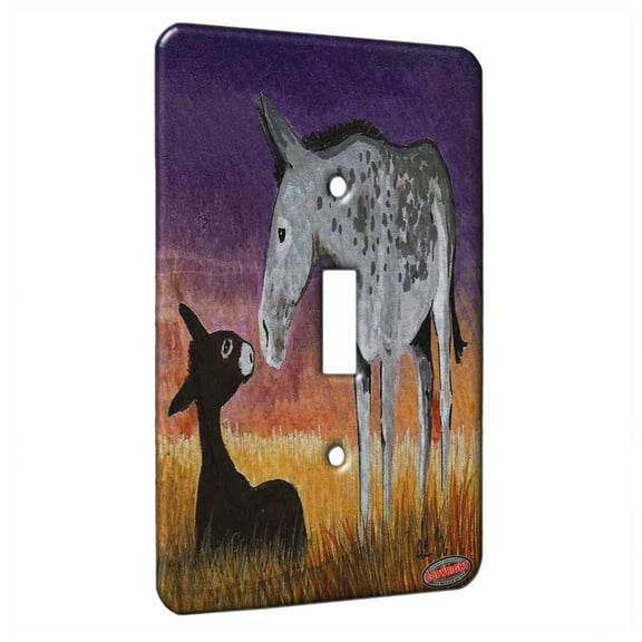 KuzmarK™ Single Gang Toggle Switch Wall Plate - Andalusian Donkey and Foal at Sunset Horse Art by Denise Every