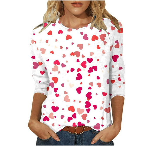 Cute Heart Shirts for Valentines Day Women Classic 3/4 Sleeve Tops Trendy Plus Size Basic Tee Shirt