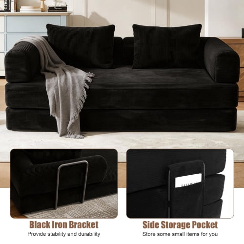 78" Corduroy Convertible Sleeper Sofa Bed, Boneless Futon Couch Floor Lounger Loveseat with Pull Out Mattress, Black