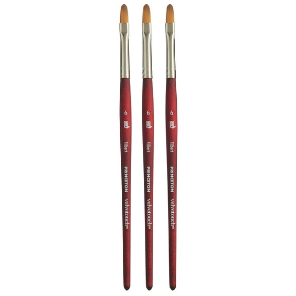 Princeton Velvetouch Filbert Brush, Synthetic Bristles, Short Handle Mixed Media Paintbrush, Scarlet, Size 6, Pack of 3