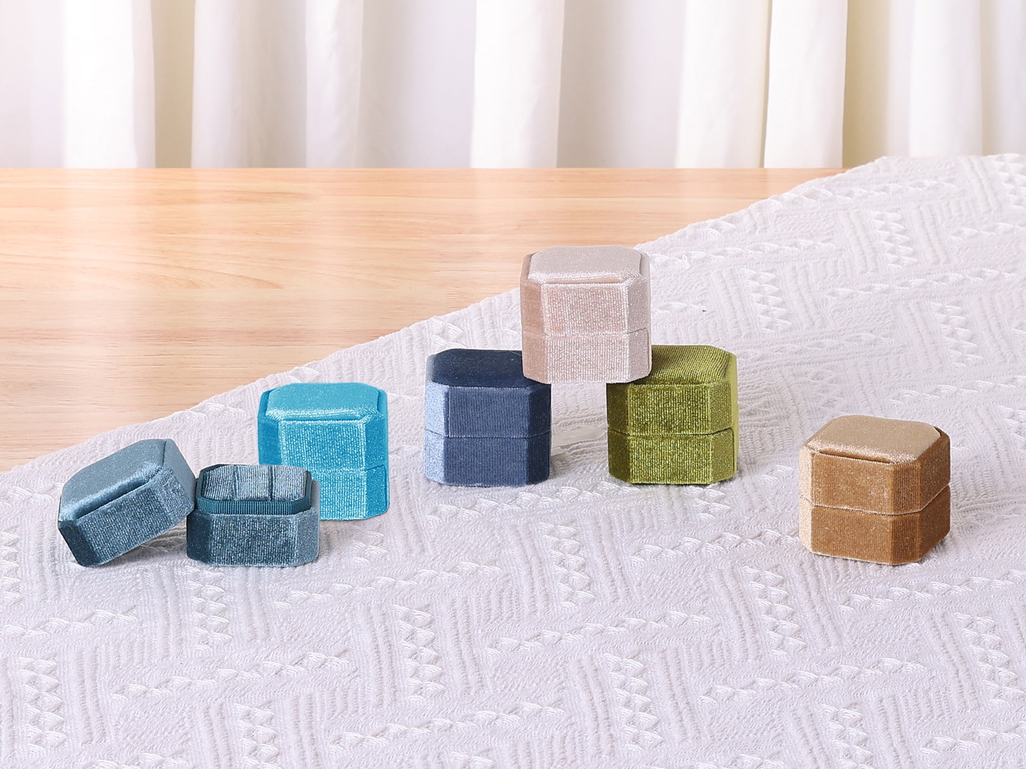 Velvet Ring Box for Proposal Engagement Wedding Ceremony Storage 2 Slots Beige