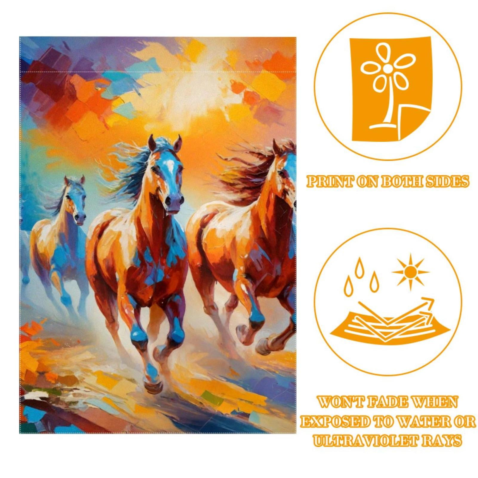 Welcome Oil Painting Running Horses Pattern Garden Flag, Vertical Double Sided Small House Flag, Yard Farmhouse Outdoor Deck Veranda Lawn Decor 28x40 Inch
