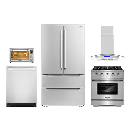 5 Piece Kitchen Package with 30  Freestanding Gas Range 30  Island Range Hood 24  Built-in Fully Integrated Dishwasher French Door Refrigerator & 20  Electric Air Fryer Toaster Oven