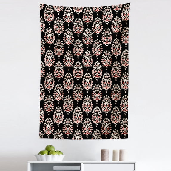 Damask Tapestry, Traditional Old Fashioned Abstract Motifs Floral Medieval Fashion Victorian, Fabric Wall Hanging Decor for Bedroom Living Room Dorm, 5 Sizes, Black Cream Ruby, by Ambesonne