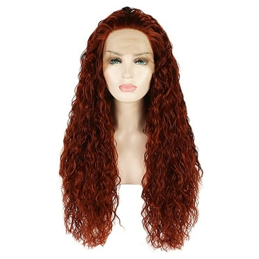 Unique Bargains Lace Front Wigs for Women 24" Red Brown Long Water Wave with Wig Cap