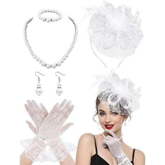 5Pcs Luxury Tea Party Hat Set for Women, Feather Fascinator with Veil, Pearl Jewelry & Gloves, Elegant Headwear for Weddings, Easter, Spring Races