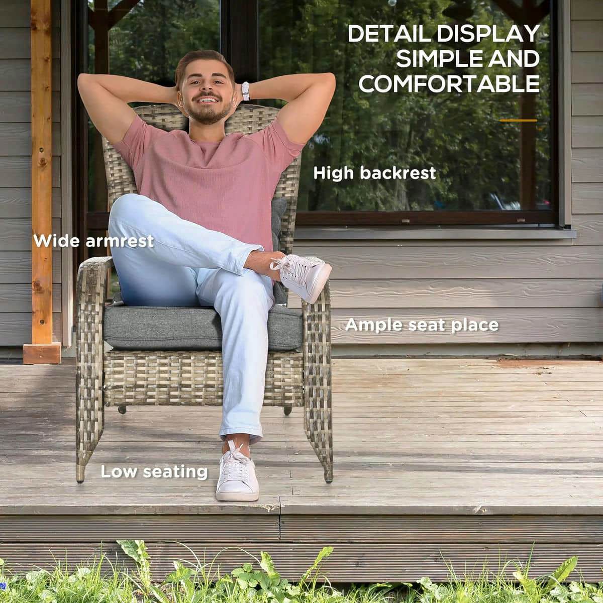Spaco Patio Wicker Adirondack Chair with Soft Cushions, Outdoor All-Weather Rattan Fire Pit Chair with Tall Curved Backrest and Comfortable Armrests for Outdoor as Backyard, Lawn, Garden, Tan&Gray