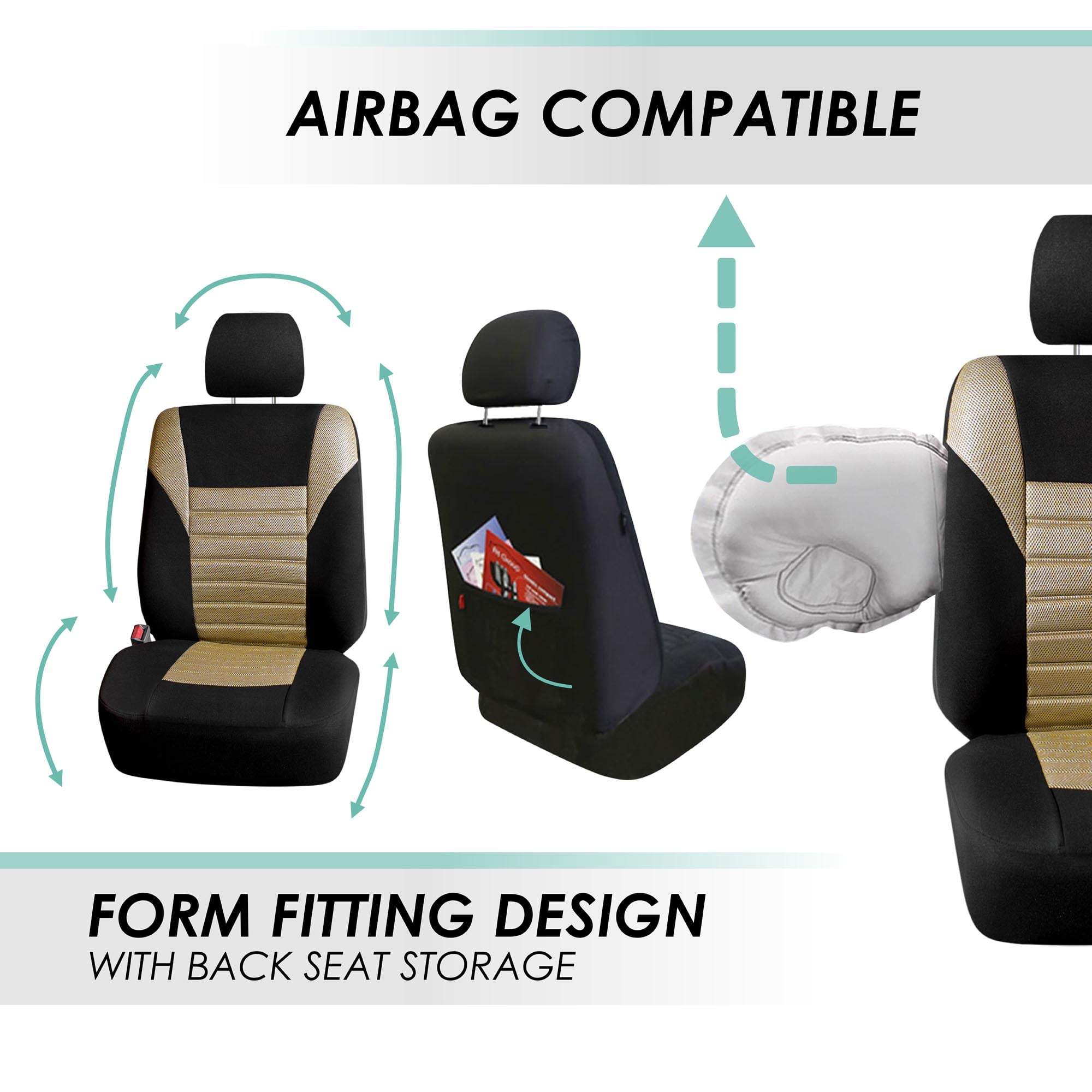 FH Group 3 Row Universal Fit Car Seat Covers Premium 3D Air Mesh with Removable Headrest,  Airbag Compatible for SUV, Sedan, Van Beige - 7 Seater