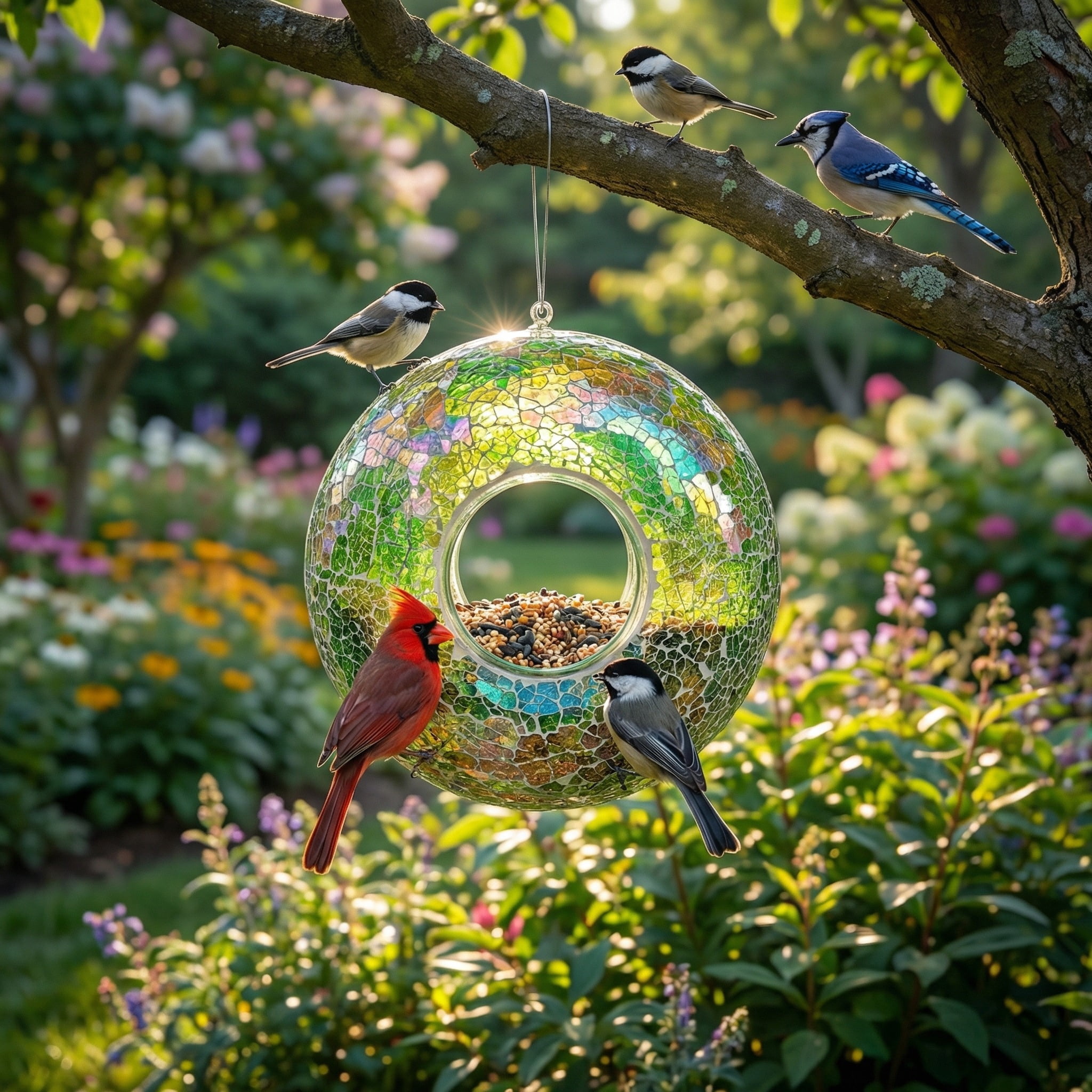 Topadorn Iridescent Mosaic Glass Hanging Bird Feeder, 9 Inch Fly-Through Design for Cardinals, Finches & Wild Birds, Green & Pink Tones, Garden Yard Decoration
