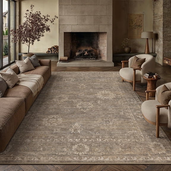 BERTHMEER 8'×10' Area Rugs for Living Room Bedroom Washable Large Brown Gray Vintage Oriental Non Slip Rugs for Office Dining Room Playroom Farmhouse Traditional Distressed Carpets