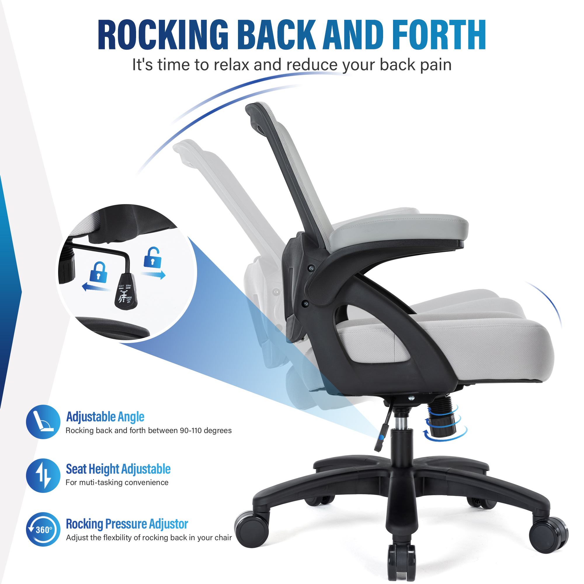 Hramk Light Gray Big and Tall Office Chair, 400 lb Mesh Desk Chair with Flip Arms, Wide Seat Office Chair for Heavy People, 360 Swivel Computer Task Chair for Adults - image 3 of 7