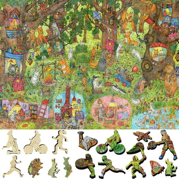 Wooden Jigsaw Puzzles for Adults with Uniquely Shaped Pieces - made in USA by FoxSmartBox - 505 Pieces - Fairy Forest. Summer