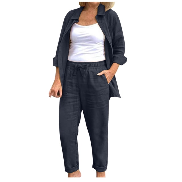 Timegard 2pc Lounge Sets for Women Collared Button down Long Sleeve Tops Drawstring Elastic Waist Tapered Pants with Pockets Sets