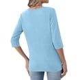 thumbnail image 4 of Qwertyu Womens Tops 3/4 Length Sleeve V Neck Loose Casual Button T Shirts Summer Basic Tees Light Blue M, 4 of 5