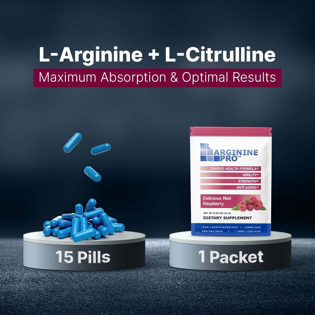 L-Arginine Pro Powder - 5500mg L-Arginine, 1100mg L-Citrulline Cardio Health - Raspberry / Orange, 2 Bags (60 Packets)