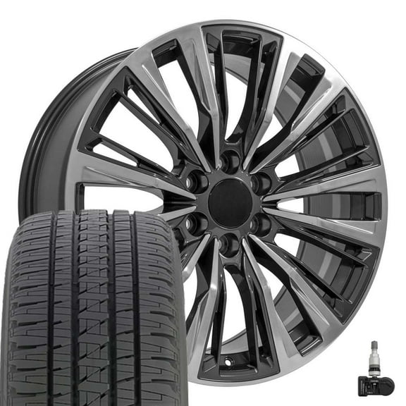 OE Wheels CA93 22 Inch Rims and Tires Fit Escalade-V Series Style 6x139.7 22x9 Gloss Gunmetal with Polished Face - Hollander 4869 - Dueler H/L Alenza 285/45-22 (Set of 4)