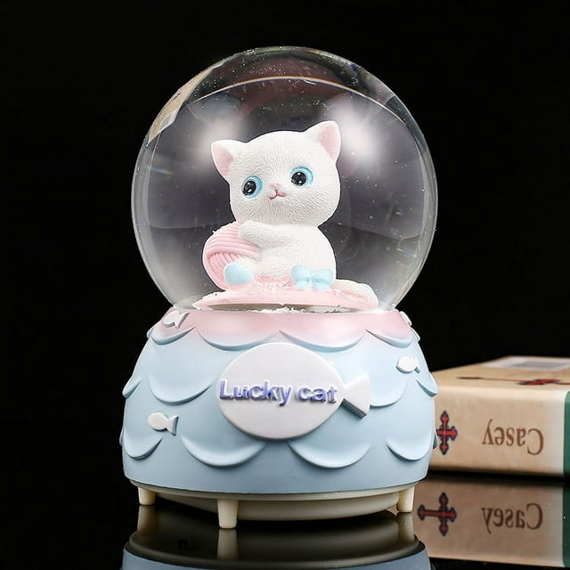 Caja de música con forma de copo de nieve y bola de cristal con forma de gato de dibujos animados, regalo de cumpleaños para niños, adornos de resina para escritorio para estudiantes